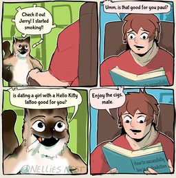 black_eyes book brown_body brown_fur brown_hair chair clothing dialogue duo eye_contact fangs feral fur furniture greeting hair holding_book holding_object looking_at_another male muscular muscular_human muscular_male open_:3 open_mouth raised_tail reading reading_book red_clothing red_shirt red_topwear shirt sitting smoke smoking standing tail teeth text topwear nellies_nest domestic_cat felid feline felis human mammal absurd_res comic english_text hi_res