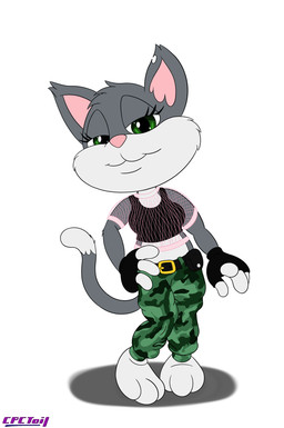 3_toes 4_fingers anthro anthrofied barefoot belt belt_pouch biped bottomwear breasts camo camo_bottomwear camo_clothing camo_pants camo_print camp clothed clothing crop_top dipstick_tail eyelashes feet female fingerless_gloves fingers fishnet_clothing front_view fur gloves green_eyes grey_body grey_fur hand_on_hip handwear looking_at_viewer markings midriff multicolored_tail pants pattern_bottomwear pattern_clothing pattern_pants pink_nose shirt simple_background solo tail tail_markings tank_top toes toony topwear white_background white_body white_fur white_tail_tip cpctail animaniacs warner_brothers rita_(animaniacs) domestic_cat felid feline felis mammal hi_res