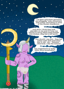 bandage bandaged_leg bodily_fluids breasts bulge clothed clothing dialogue diaper diaper_bulge diaper_only genital_fluids gesture grey_hair hair hand_gesture holding_object holding_staff horn intersex moon night pointing pointing_at_crotch pointy_ears purple_body speech_bubble staff tattoo topless unclean_diaper urine used_diaper wearing_diaper wet_diaper wetness_indicator planttentacles league_of_legends riot_games tencent soraka animated loop