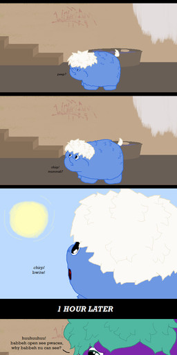 alley ambiguous_gender animal_noises blind blue_body blue_fur bodily_fluids chirping crying disability duo female feral fur green_hair hair purple_body purple_fur sky sun tears text white_hair young young_feral wolfram_sparks fluffy_pony fluffy_pony_(species) mammal english_text hi_res