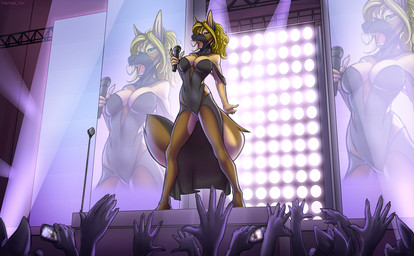 anthro black_clothing blonde_hair brown_body brown_fur cellphone clothing electronics female fur hair holding_microphone holding_object holding_phone lights microphone on_stage phone solo stage_lights fantum_fox canid canine mammal