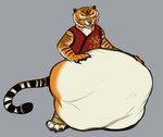 anthro belly big_belly clothed clothing eyes_closed fangs female front_view grey_background huge_belly markings open_mouth orange_body red_clothing red_topwear simple_background solo standing striped_markings striped_tail stripes tail tail_markings teeth topwear vore white_body roobin felid mammal pantherine tiger absurd_res hi_res