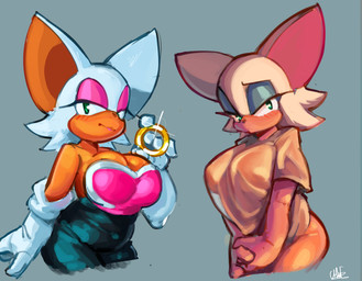anthro big_breasts blush bottomless breasts cleavage clothed clothing eyeshadow female green_eyes hair huge_breasts looking_at_viewer makeup shirt shirt_only simple_background smile smiling_at_viewer solo topwear topwear_only white_hair chuf_(artist) sega sonic_the_hedgehog_(series) rouge_the_bat bat mammal hi_res