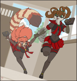 anthro breasts clothing detailed_background duo female legwear low-angle_view purse school_uniform stockings tail thigh_highs toony uniform wide_hips dark_nurse ruby_(dark_nurse) ailurid mammal procyonid raccoon red_panda 2011 character_request