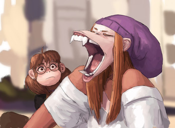 anthro beanie big_mouth_(anatomy) big_teeth brown_body brown_eyes brown_fur brown_hair choker clothed clothing duo ear_piercing eyewear fangs female freckled_face freckles fur gaping_mouth glasses hair hat headgear headwear jewelry long_hair looking_at_another necklace off_shoulder open_mouth orange_hair outside piercing round_glasses shirt t-shirt tan_body tan_fur teeth tongue topwear yawn redustheriotact anitta_(vagnerdesouzas7) carol_(redustheriotact) ape haplorhine mammal monkey orangutan primate 2026 absurd_res hi_res