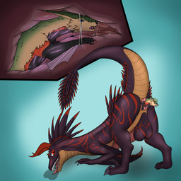 anal anal_penetration anal_vore anthro anus balls black_body bodily_fluids butt claws duo erection feathers feral fur genitals glowing glowing_body grey_body horn inside internal male male/male nude paws penetration penis puffy_anus purple_body red_body saliva scales simple_background size_difference slit_penis smile soft_vore tail teeth tongue vore warm willing_pred willing_prey wings superplus ark_survival_(series) mythology kustrin dinosaur dragon dromaeosaurid managarmr mythological_creature mythological_scalie prehistoric_species reptile saurischian scalie theropod utahraptor 1:1 absurd_res digital_media_(artwork) hi_res