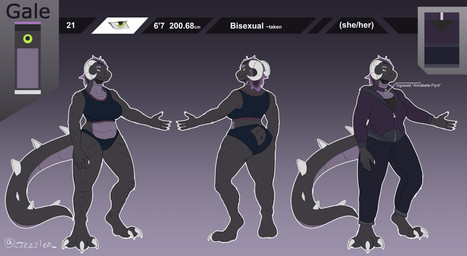 anthro black_bottomwear black_clothing black_hair black_pants blue_clothing blue_panties blue_topwear blue_underwear bottomwear clothed clothing color_swatch cross_section female female_anthro glistening glistening_eyes gradient_background green_eyes grey_body hair horn jacket mouth_closed multicolored_hair panties pants purple_clothing purple_hair purple_jacket purple_topwear simple_background solo spiked_tail spikes spikes_(anatomy) tail topwear two_tone_hair underwear white_horn jezzlen mythology gale_(jezzlen) dragon mythological_creature mythological_scalie scalie absurd_res hi_res model_sheet