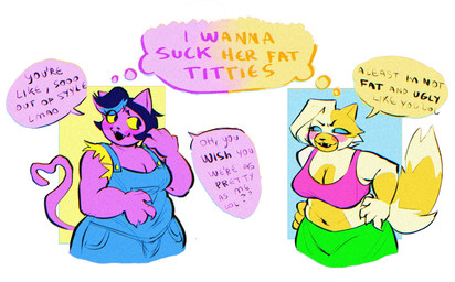 anthro blush blush_lines blush_stickers breasts cleavage clothed clothing dialogue duo female fur insult midriff navel overalls overweight overweight_anthro overweight_female purple_body purple_fur secretly_horny text thought_bubble wide_hips rageown adventure_time cartoon_network fionna_and_cake fionna_and_cake_(franchise) undertale undertale_(series) cake_the_cat catty_cattenheimer domestic_cat felid feline felis mammal 2025 crossover digital_media_(artwork) english_text hi_res