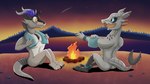 anthro butt campfire duo eye_contact fire horn lake looking_at_another male nude sand shooting_star star tail towel water rockosedits mythology dragon mythological_creature mythological_scalie scalie digital_media_(artwork)