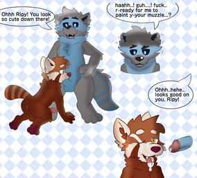 anthro blue_body blue_eyes blue_fur bodily_fluids cum cum_on_face duo fellatio fur genital_fluids grey_body grey_fur male male/male markings oral orange_eyes penile profanity sex striped_markings striped_tail stripes tail tail_markings text reznoo ripy_(reznoo) ailurid mammal procyonid raccoon red_panda english_text