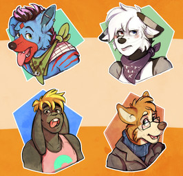 anthro black_body black_fur black_hair black_nose blonde_hair blue_body blue_fur brown_body brown_eyes brown_fur brown_nose buckteeth clothed clothing ear_piercing eyebrows eyewear fangs fur glasses green_eyes grey_body grey_fur group grumpy hair heterochromia industrial_piercing jacket jewelry kerchief looking_at_viewer male multicolored_body multicolored_fur multicolored_hair neckerchief necklace neckwear open_mouth pendant piercing pink_hair pink_tongue raised_eyebrow red_body red_fur red_stripes shirt striped_body striped_fur stripes tank_top teeth tongue tongue_out tongue_piercing topwear two_tone_body two_tone_fur two_tone_hair white_body white_fur white_hair yellow_eyes rustyclawshot cross_larson flint_a._ruby jd_atlas kotahusky arctic_fox canid canine canis dire_wolf domestic_dog fox husky lagomorph leporid mammal nordic_sled_dog prehistoric_species rabbit spitz true_fox wolf 2016 sketch