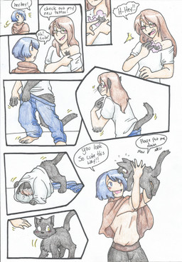 black_body black_fur blue_hair blush brown_hair carrying_another clothing duo eyewear female feral fur glasses hair human_to_feral pawpads shrinking size_transformation species_transformation tattoo text transformation rainbowraven domestic_cat felid feline felis human mammal absurd_res english_text hi_res traditional_media_(artwork)