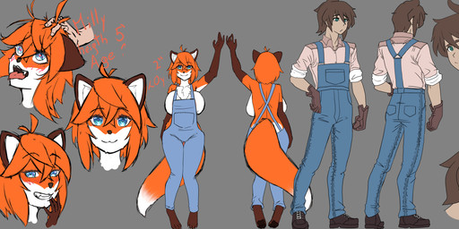 anthro big_breasts biped blue_eyes breasts brown_hair clothed clothed_female clothing curvy_figure duo female front_view green_eyes hair headpat hourglass_figure huge_breasts larger_male male male/female markings messy_hair multiple_expressions pulling_hair rear_view red_hair shortstack size_difference smaller_female smug smug_expression smug_female tail tail_markings touching_hair kayserend watashi_no_yashiki_ni_kitsune_ga_imasu leon_(watashi_no_yashiki_ni_kitsune_ga_imasu) milly_(watashi_no_yashiki_ni_kitsune_ga_imasu) canid canine fox human mammal red_fox true_fox alternate_version_at_source digital_drawing_(artwork) digital_media_(artwork) flat_colors hi_res model_sheet