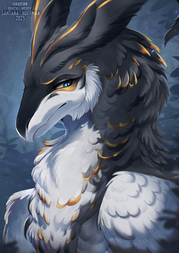 ambiguous_feral ambiguous_gender black_body black_feathers blue_eyes cheek_tuft facial_tuft feathered_wings feathers feral glistening glistening_eyes mouth_closed neck_tuft solo tuft white_body white_feathers wings santanahoffman mythology dragon mythological_creature mythological_scalie scalie 2025 dated hi_res