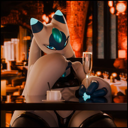 2_horns 3_fingers anthro black_clothing black_legwear black_panties black_shirt black_thigh_highs black_topwear black_underwear blue_body breasts clothed clothing container crop_top cup date drinking_glass female fingers forehead_gem gem glass glass_container glass_cup glowing glowing_eyes glowing_horn holding_container holding_cup holding_drinking_glass holding_object holding_wine_glass horn inside legwear looking_at_viewer medium_breasts midriff mouthless palmorph panties pantsless pantsless_anthro pantsless_female restaurant shirt sitting solo thick_thighs thigh_highs topwear under_boob underwear white_body wine_glass thenicedragon warfaremachine_(modeler) palworld pocketpair lunaris_(pal) pal_(species) 1:1 3d_(artwork) digital_media_(artwork) hi_res warm_colors