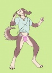 anthro bottomless clothed clothing dairy_products dancing digitigrade food male shirt slim smile solo tail topwear underwear yogurt mistresssparkles storm-crow canid canine canis domestic_dog hunting_dog mammal saluki sighthound