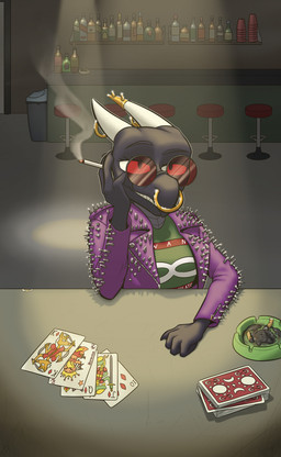 anthro ashtray band_shirt bar bar_stool black_body card cigarette clothing date_pov eyebrows eyewear facial_piercing female furniture horn horn_jewelry jacket jewelry leather leather_clothing leather_jacket leather_topwear looking_at_viewer nose_piercing penelope_(teether) piercing pink_clothing pink_jacket pink_topwear questioning_look raised_eyebrow septum_piercing smile smoking solo spiked_clothing spikes stool sunglasses table topwear trash_can destrustor kobold scalie absurd_res hi_res