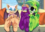 5_toes anthro barefoot bat_wings blue_eyes ear_piercing feet female foot_fetish foot_focus green_body group membrane_(anatomy) membranous_wings piercing purple_body soles toes trio wings the_dark_mangaka idw_publishing sega sonic_riders sonic_the_hedgehog_(comics) sonic_the_hedgehog_(idw) sonic_the_hedgehog_(series) rouge_the_bat surge_the_tenrec wave_the_swallow afrosoricid avian bat bird hirundinid mammal oscine passerine swallow_(bird) tenrec absurd_res hi_res