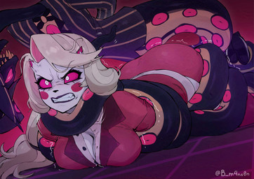 angry anthro apode big_breasts big_butt black_body black_clothing black_lips black_nose black_suit blonde_hair blush blush_stickers bow_tie breasts butt cleavage clenched_teeth clothed clothing coiling coiling_around_body coiling_around_neck dominant dominant_male duo eye_contact eyelashes female female_focus footwear growth hair hat headgear headwear high_heels horn horn_growth legless lips long_hair looking_at_another lying makeup male male/female mascara multicolored_body on_front open_mouth pinstripe_suit red_clothing red_sclera red_suit restrained_arms restrained_feet restrained_legs serpentine sharp_teeth shirt shoes struggling submissive submissive_female suit teeth top_hat topwear two_tone_body unbuttoned_shirt white_body white_eyes white_skin yellow_body b_m4ns0n hazbin_hotel hellaverse charlie_morningstar sir_pentious_(hazbin_hotel) demon demon_humanoid draconcopode horned_humanoid humanoid naga reptile scalie snake 2025 alternate_version_at_paywall hi_res