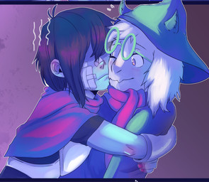 ambiguous_gender anthro armor bandage blue_body blue_hair blue_skin blush clothing cute_fangs duo eyewear fangs fluffy fur glasses hair hat headgear headwear hug male scarf shocked teeth white_body white_fur kare-ichi deltarune undertale_(series) kris_dreemurr ralsei bovid caprine darkner goat human mammal