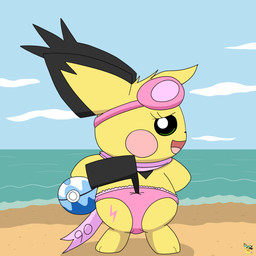ball beach beach_ball clothing dive_ball eyewear eyewear_on_head female feral fur furgonomic_underwear furgonomics goggles goggles_on_head inflatable logo looking_at_viewer looking_back looking_back_at_viewer panties pink_clothing pink_panties pink_scarf pink_underwear pokeball scarf solo underwear yellow_body yellow_fur pichu90 nintendo pokemon sparkette_pichu generation_2_pokemon pichu pokemon_(species) 1:1 artist_logo hi_res