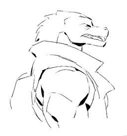 anthro clothed clothed_anthro clothed_male clothing looking_aside male open_mouth side_view simple_background snout solo teeth tongue_showing topwear vest white_background kingarthur_i tyrak_(kingarthur_i) lizard reptile scalie 2024 black_and_white digital_drawing_(artwork) digital_media_(artwork) half-length_portrait line_art monochrome portrait