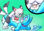 anthro blue_body blue_eyes blue_fur blue_nose bodily_fluids cum cum_in_ass cum_inside duo fur genital_fluids green_background knot male male/male penis precum saliva simple_background tongue tongue_out white_body white_fur azuraracon cyan_fox_cody canid canine fox mammal