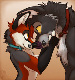 anthro black_claws black_markings black_nose blue_collar claws collar collar_only duo eye_contact eyelashes female fur green_eyes grey_body grey_fur holding_face looking_at_another male male/female markings nose_to_nose nude orange_eyes purple_nose red_collar simple_background size_difference smaller_female snout yellow_sclera remywolf canid canine canis mammal wolf colored digital_drawing_(artwork) digital_media_(artwork) half-length_portrait portrait shaded
