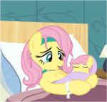 accessory baby bedding blanket bodily_fluids crying duo eyes_closed female feral fur green_eyes hair headband hospital lamp past_meets_present pillow pink_hair pre-g4 size_difference square_crossover tears wristband yellow_body yellow_fur young matty4z friendship_is_magic hasbro mlp_g1 my_little_pony my_little_pony_'n_friends fluttershy_(mlp) posey_(pre-g4) equid equine horse mammal pony 2013 absurd_res hi_res