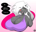 anthro big_breasts breasts clothing dialogue female huge_breasts solo text chrisandcompany kelsey_sienna mammal mephitid skunk absurd_res english_text hi_res