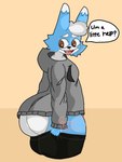 anthro big_butt blue_body blue_fur bottomwear brown_eyes butt clothed clothing fully_clothed fur grey_clothing grey_hoodie grey_topwear hoodie huge_butt looking_back open_mouth pants pulling_up_pants simple_background speech_bubble text tight_fit topwear white_body white_fur wide_hips sl33py_demon tight_pants_(meme) mark_(sl33py_demon) digital_media_(artwork) english_text meme