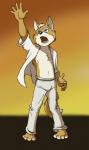 barefoot bottomwear clothing feet gradient_background jacket male nipples orange_background pants shirt simple_background solo topwear white_bottomwear white_clothing white_jacket white_pants white_shirt white_topwear cirruskitfox nintendo star_fox fox_mccloud hi_res