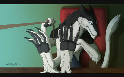 anthro biped black_body black_fur blue_eyes dominant dominant_male feet foot_focus foot_tuft front_view fur hindpaw holding_leash holding_object leash leash_pull leashed_viewer looking_at_viewer male male_anthro paws sitting soles solo tail tuft white_body white_fur wolfytg bran_the_sergal sergal 2015 signature