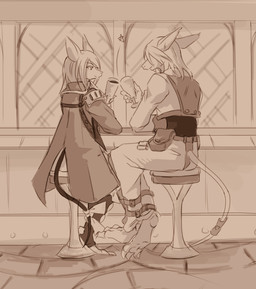 accessory ambiguous_anthro ambiguous_gender anthro barefoot beverage biped bottomwear claws closed_smile clothed clothed_ambiguous clothed_anthro clothing container cropped_jacket cup detailed_background drinking_glass duo feet fingers fully_clothed fully_clothed_ambiguous fully_clothed_anthro furgonomics furniture glass glass_container glass_cup hair hair_over_eyes holding_container holding_cup holding_drinking_glass holding_object holding_wine_glass inside legwear looking_at_another mouth_closed pants pouch_(clothing) sitting sitting_on_stool smile smiling_at_another snout stool tail tail_accessory toasting toe_claws toeless_legwear toes wine_glass uni-6 final_fantasy final_fantasy_ix square_enix freya_crescent sir_fratley burmecian mammal rodent 2025 digital_drawing_(artwork) digital_media_(artwork) hi_res monochrome sepia shaded female_(lore) male_(lore)