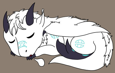 chibi claws curled_up feral folded_wings fur fur_markings horn male markings sleeping solo tail wings hunamarts mythology dragon mythological_creature mythological_scalie scalie absurd_res hi_res
