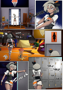 5_fingers accessory ambiguous_gender athletic award babbling barefoot black_clothing black_swimwear bottomwear bowl bra camping_tent clothed clothing container curly_hair dark_body dark_skin door dynamax_band eyelashes feet female fingers fully_clothed furniture grey_eyes grey_hair group gym_leader hair headband human_focus in_building knee_pads locker_bench male motion_lines multicolored_clothing not_furry_focus number_on_clothing one_glove onomatopoeia opening_door pants penetration raised_arms rear_view restroom_sign round_ears shirt shorts sigh sitting sleeping sleeping_together sound_effects sports_bra stadium stairs stands swimwear table text topwear trophy underwear undressing walking white_bottomwear white_clothing white_shirt white_shorts white_topwear wood wood_furniture wood_table bernardol22 nasbak-cryman nintendo pokemon bea_(pokemon) corvisquire garchomp generation_1_pokemon generation_2_pokemon generation_4_pokemon generation_5_pokemon generation_7_pokemon generation_8_pokemon houndour human ivysaur machamp mammal noctowl pokemon_(species) raticate rookidee scrafty yungoos absurd_res comic hi_res