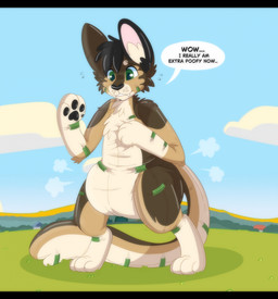 4_fingers 4_toes ambiguous_gender anthro big_diaper black_hair black_nose black_pawpads bodily_fluids brown_body brown_ears brown_tail building clean_diaper cloud dialogue diaper diaper_puff ellipsis fangs feet fingers flying_sweatdrops gloves_(marking) grass hair hand_on_chest hill inner_ear_fluff leg_markings markings multicolored_body nature_background pawpads pink_inner_ear plant sky socks_(marking) solo speech_bubble sweat sweatdrop tail tan_body tan_inner_ear_fluff tan_tail teeth text toes tree tuft whisker_spots jupiters jack_cabbit animate_inanimate diaper_creature domestic_cat felid feline felis hybrid lagomorph leporid mammal rabbit english_text hi_res letterbox