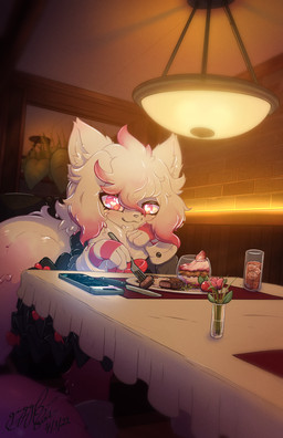 anthro beef beverage clothed clothing cutlery dark dessert detailed_background dress eating electronics flower food fork fruit furniture kitchen_utensils knife looking_at_viewer meat phone plant solo steak strawberry table tools gingy_k_fox domestic_cat felid feline felis mammal hi_res