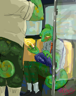 accessory anthro big_penis bodily_fluids bottomless clothed clothing cock_ring covering covering_self curled_tail dripping duo exhibitionism footwear genital_fluids genitals holding_penis humanoid_genitalia humanoid_penis invisible_penis jewelry lustful_gaze male male/male markings nude_male office_clothing penis penis_accessory penis_jewelry precum precum_drip public public_nudity public_transportation sitting size_difference socks tail tongue tongue_out alltoospicy chameleon lizard reptile scalie 4:5 absurd_res hi_res