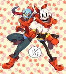 armor blue_body blue_skin bone bottomwear clothing cosplay costume duo eye_patch eyewear female floral_background gloves hair handwear pants ponytail red_hair red_scarf scarf sharp_teeth shorts skeleton teeth yellow_sclera pugthe2ro undertale undertale_(series) papyrus_(undertale) undyne animal_humanoid fish fish_humanoid humanoid marine marine_humanoid hi_res