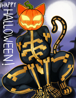 anthro big_breasts black_bodysuit black_clothing black_skinsuit bodysuit breasts butt cemetery clothed clothing female food for_a_head fruit glistening glistening_body glistening_bodysuit glistening_clothing glistening_skinsuit glowing glowing_eyes jack-o'-lantern light looking_at_viewer moon moonlight night plant pumpkin pumpkin_head purple_background simple_background skeleton_costume skinsuit smile solo spread_legs spreading tail text thick_thighs tight_clothing wide_hips vexter_arts epic_games fortnite spice_(fortnite) domestic_cat felid feline felis mammal object_head absurd_res digital_media_(artwork) english_text hi_res