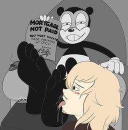 anthro blush cigar cubby_bear_(van_beuren) document duo feet foot_fetish foot_focus foot_lick licking male rubberhose_animation smile soles toes tongue imaranx bear human mammal absurd_res hi_res