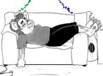 anthro barefoot bedding beverage black_bottomwear black_clothing black_eyebrows black_pants blanket bottomwear clothed clothed_anthro clothed_female clothing cloven_hooves decoration double_chin end_table eyebrows facial_piercing feet female female_anthro fingers fur grey_clothing grey_hair grey_hooves grey_shirt grey_spots grey_t-shirt grey_topwear guitar hair hair_bun half-closed_eyes hooves inside lip_piercing lying musical_instrument narrowed_eyes on_back pants piercing plucked_string_instrument shirt slightly_chubby slightly_chubby_anthro slightly_chubby_female soda solo spots string_instrument t-shirt text topwear wall_(structure) white_blanket white_body white_fur beastofeuthanasia manta_veera_amanda domestic_pig mammal suid suina sus_(pig) 2021 colored constructed_language digital_drawing_(artwork) digital_media_(artwork) english_description esperanto_text