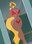 anthro big_breasts blonde_hair bra breasts brown_body brown_fur clothing collarbone eyebrows eyelashes female fur green_eyes hair locker_room mirror panties red_bra red_clothing red_panties red_underwear solo thick_thighs underwear wide_hips toughset equid equine horse mammal 2025 flat_colors hi_res