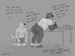 anthro balls bent_over bottomwear bottomwear_down butt clothing dialogue duo frat_boy fraternity genitals imminent_sex jersey kiss_my_ass lost_bet male no_homo offscreen_character offscreen_male presenting presenting_hindquarters punishment sportswear text dogbro69 bear canid canine mammal english_text hi_res monochrome