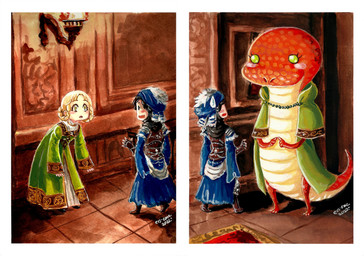 3_fingers 3_toes ambiguous_gender anthro arms_bent big_head biped black_hair blonde_hair blue_clothing blue_dress blue_headwear blush boots border braided_hair brown_floor brown_wall cape cape_only carpet clothed clothing dress duo earless eyelashes feet female fingers fingers_together floor footwear green_cape green_clothing green_dress green_eyes hair headgear headwear hunched_over inside lit_torch mostly_nude multiple_forms nervous nude open_mouth orange_body orange_scales plantigrade raised_tail scales semi-anthro shoes short_legs short_tail size_difference snout standing straight_hair surprised sweatdrop_(iconography) tail tapering_tail thick_tail tile tile_floor toes torch ventral_scales wall_torch white_border wide_crotch evs_eme elden_ring fromsoftware zorayas zorayas_(human_form) human legged_snake mammal manserpent reptile scalie snake 2022 dated gouache_(artwork) hi_res multiple_scenes painting_(artwork) shaded signature soft_shading traditional_media_(artwork) traditional_painting_(artwork)