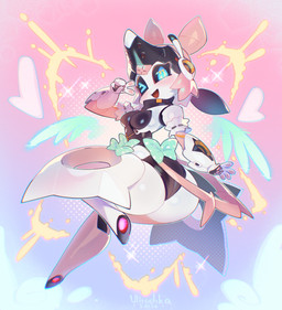 anthro big_butt blue_eyes breasts butt female fingers front_view gesture gradient_background hand_gesture machine simple_background solo v_sign ulitochka mihoyo zenless_zone_zero yutane_johiel humanoid robot 2026 digital_media_(artwork) hi_res portrait