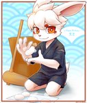 2017 4_fingers anthro asian_clothing barefoot bosstariamuss clothing cooking east_asian_clothing english_text feet fingers food fur hair happy hi_res japanese_clothing japanese_text kneeling lagomorph leporid looking_at_viewer male mammal mochi orange_eyes rabbit solo tail text white_body white_fur white_hair young young_anthro young_male