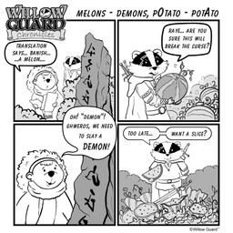 anthro biped clothed clothing dialogue duo food fruit melee_weapon melon open_mouth outside plant scar scarf smile sword text watermelon watermelon_slice weapon unknown_artist willow_guard ghweros raye_(willow_guard) badger mammal mustelid musteline 1:1 2025 comic english_text monochrome