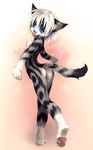 anthro blue_eyes breasts butt claws feet female hair happy hindpaw looking_at_viewer nipples nude open_mouth paws raised_tail short_hair side_boob simple_background small_breasts smile solo tail whiskers white_hair tetetor-oort karin_(tetetor-oort) domestic_cat felid feline felis mammal 2008